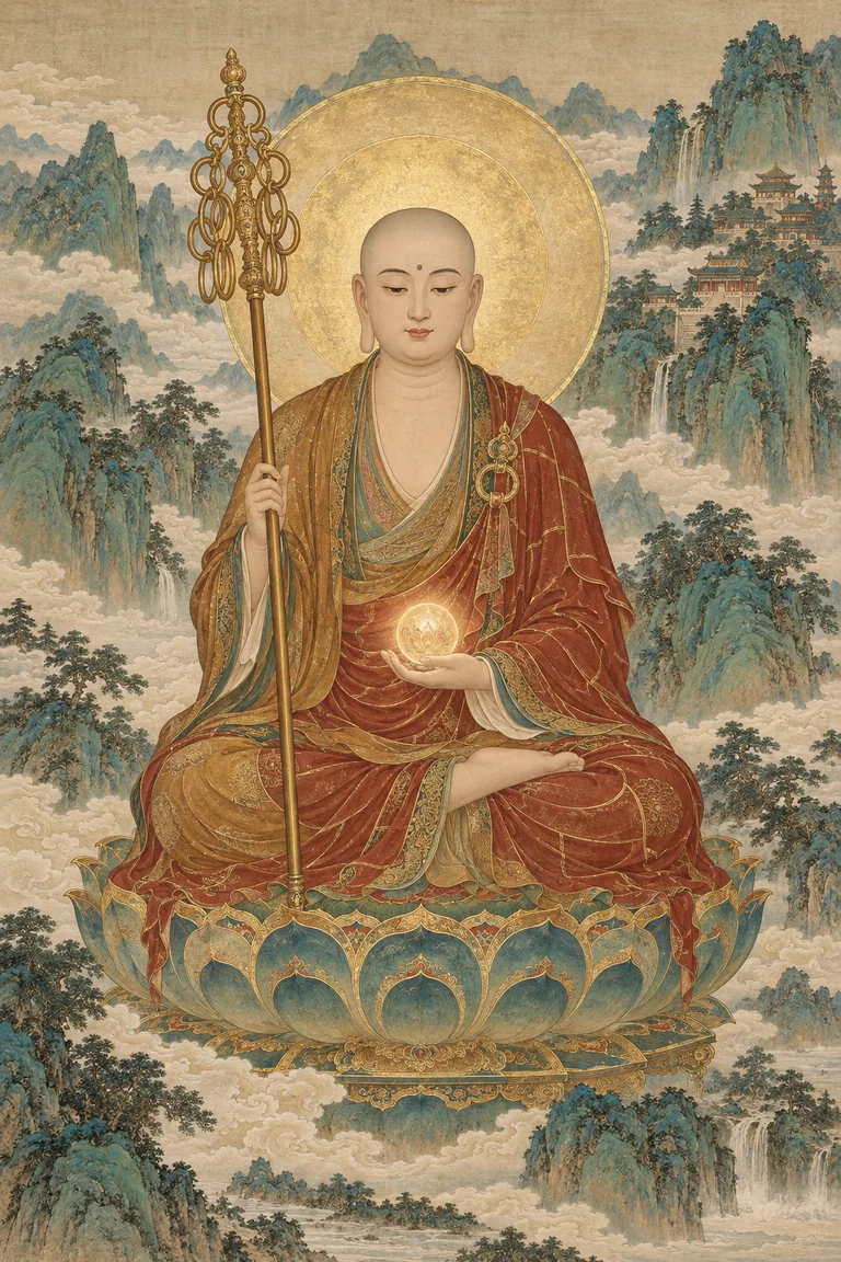 地藏菩萨呈出家僧相，手持锡杖和宝珠，坐于山水之间的莲台