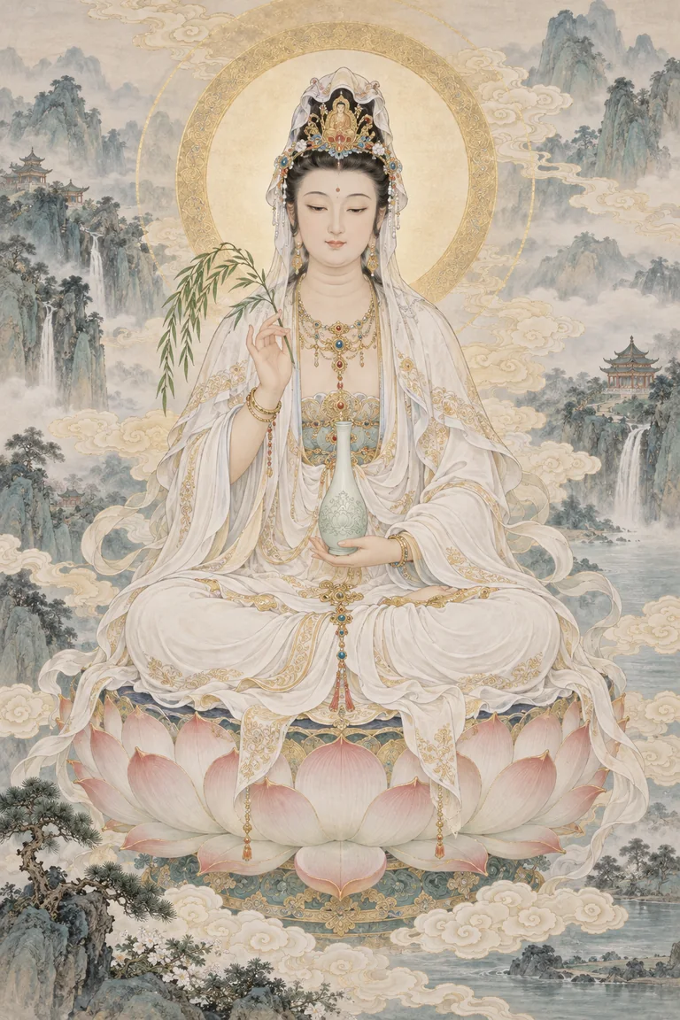 白衣观音菩萨端坐莲台，身旁有净瓶杨柳，远处山水环绕