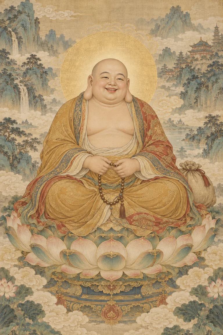 笑容和蔼的布袋和尚形象，身披袈裟，坐于山水与莲花之间