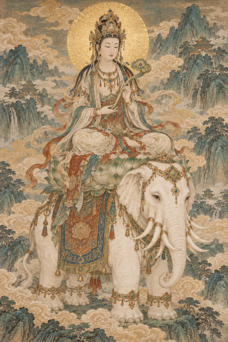 普贤菩萨坐于白象背上的莲座，身披璎珞，远山与祥云相映