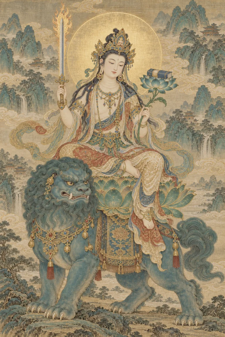 文殊菩萨持剑与莲花，坐于青狮背上的莲座，周围山峦云气环绕