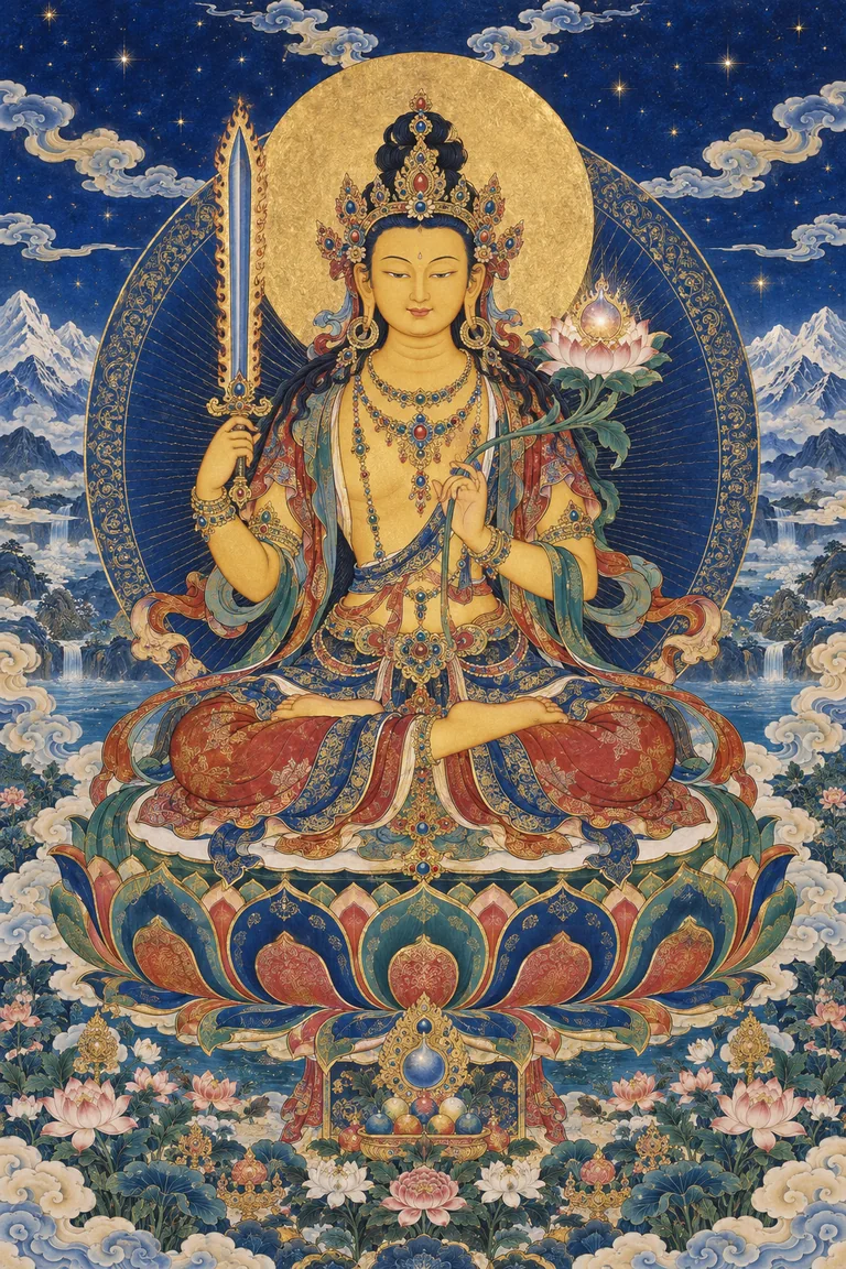 虚空藏菩萨戴宝冠、饰璎珞，安坐莲台，背景为高山、祥云与深蓝天空